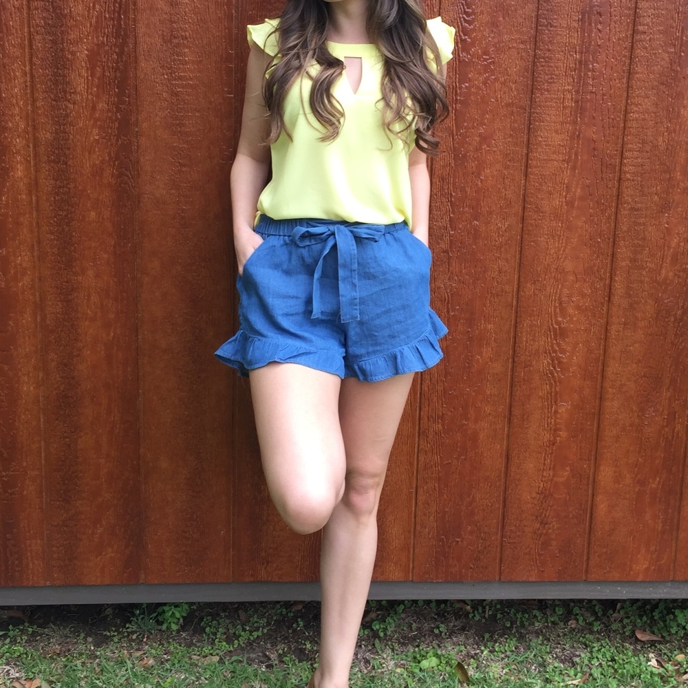 Chambray high waisted ruffle shorts